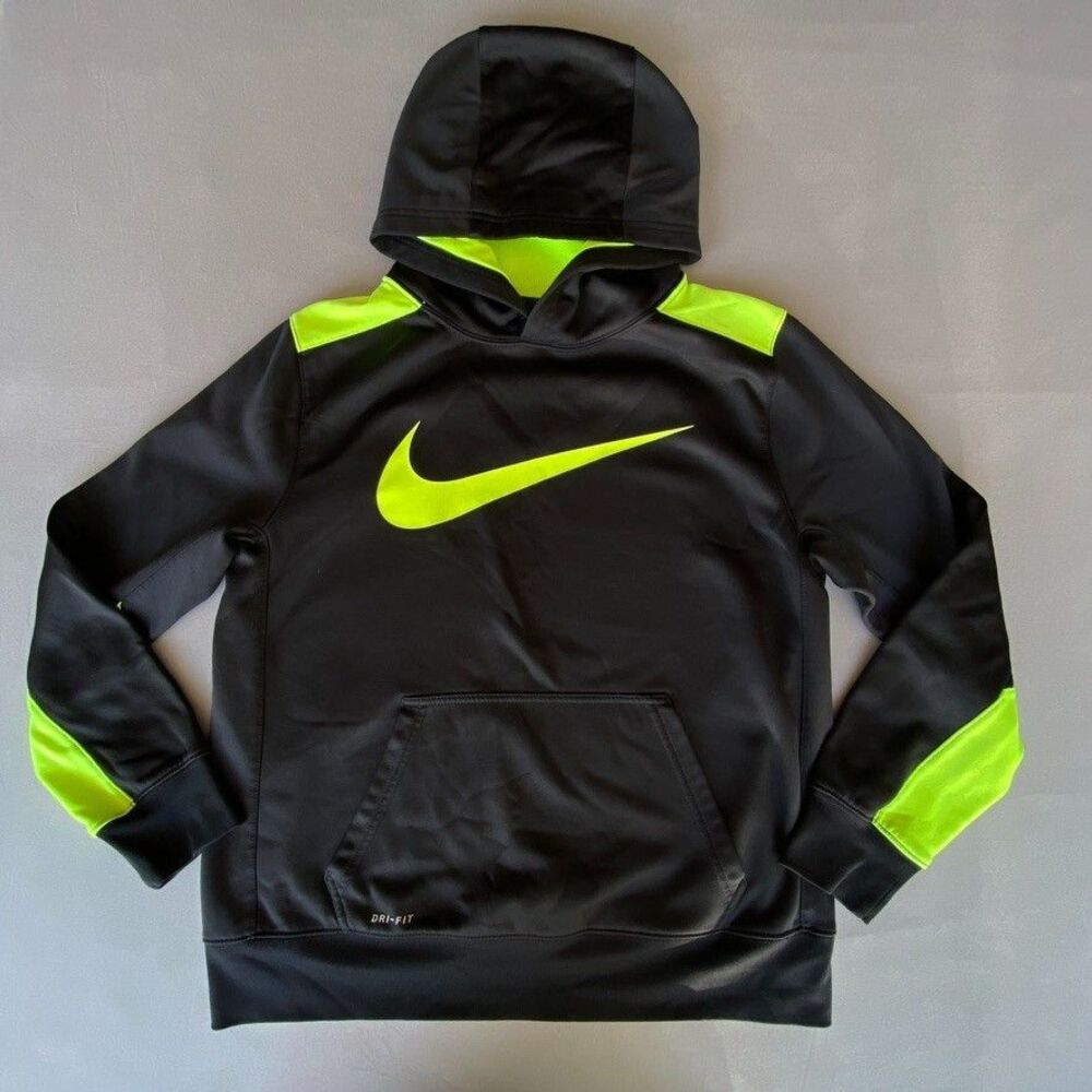 Nike Dri-FIT Youth XL Hoodie Black Neon Green Swoosh Pullover Athletic
